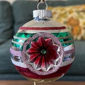 Radko Shiny Brite Glitter Striped Ornament Indent‎ Ball Pink Teal blue jumbo